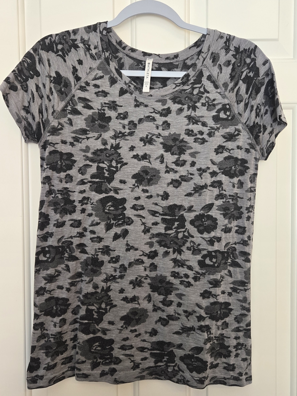 Athleta Gray Short-Sleeve Tee with Black Floral Print, Size L